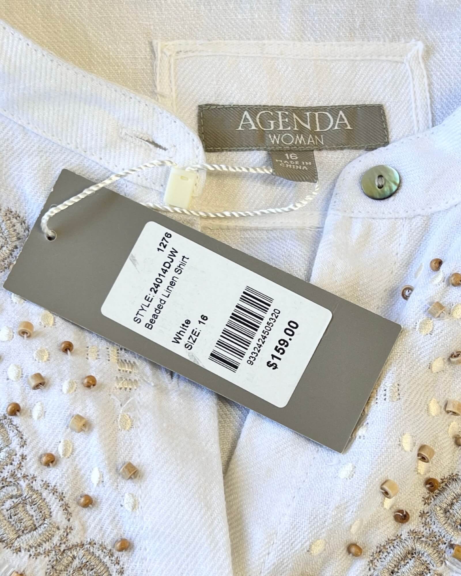 Agenda Woman Beaded Linen Shirt Size 16 NEW